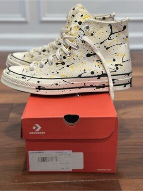 Converse Chick 70 High-Top Sneakers, Cream with Black and Yellow Paint Splatter